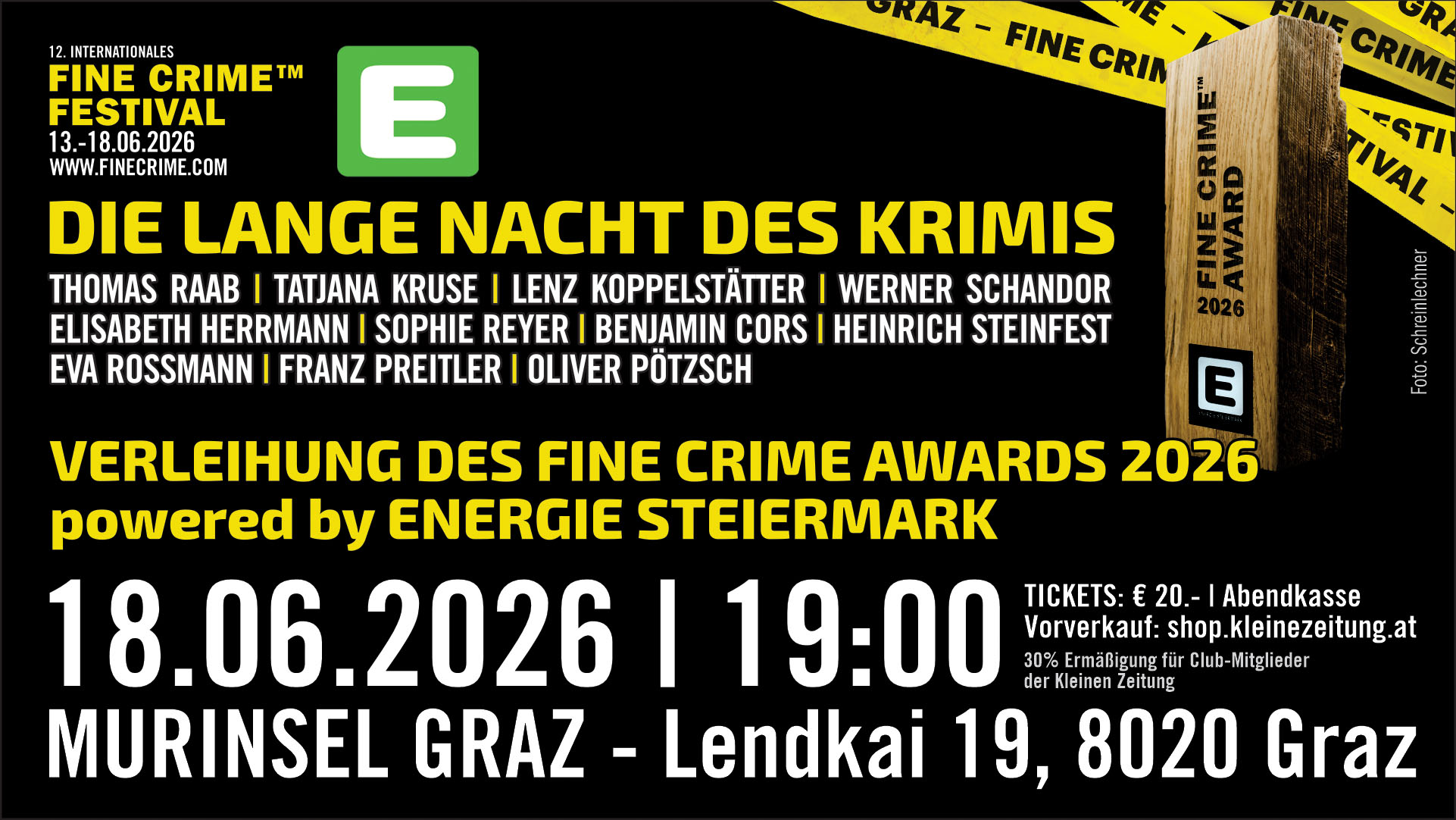 Lange Nacht des Krimis und Verleihung des Fine Crime Awards powered by ENERGIE STEIERMARK - Fine Crime Festival 2026