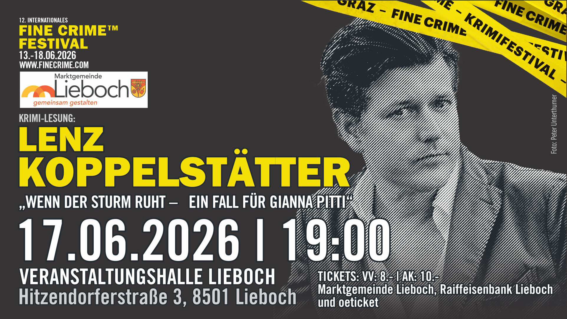 Lenz Koppelstätter liest in der Veranstaltungshalle in Lieboch - Fine Crime Festival 2026