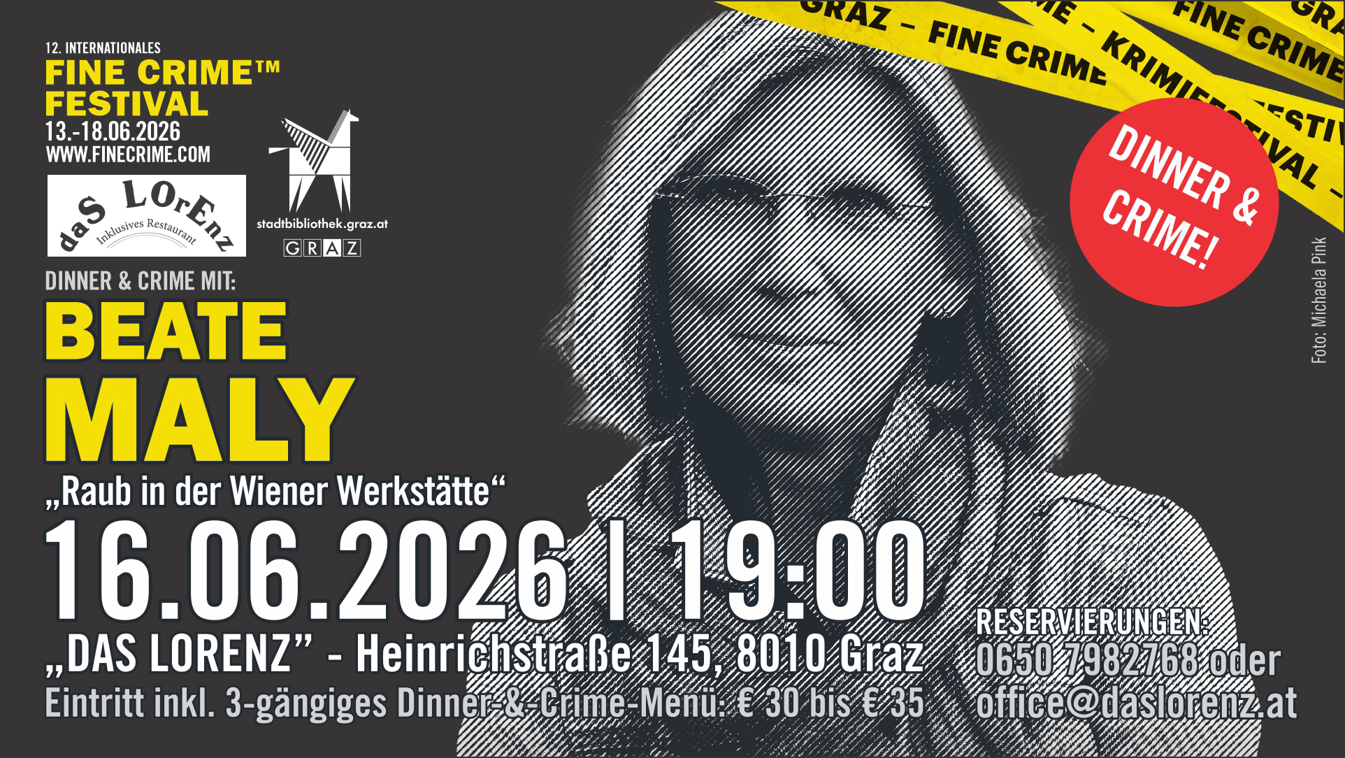 Dinner & Crime mir Beate Maly im "Das Lorenz" | Stadtbibliothek Graz - Fine Crime Festival 2026