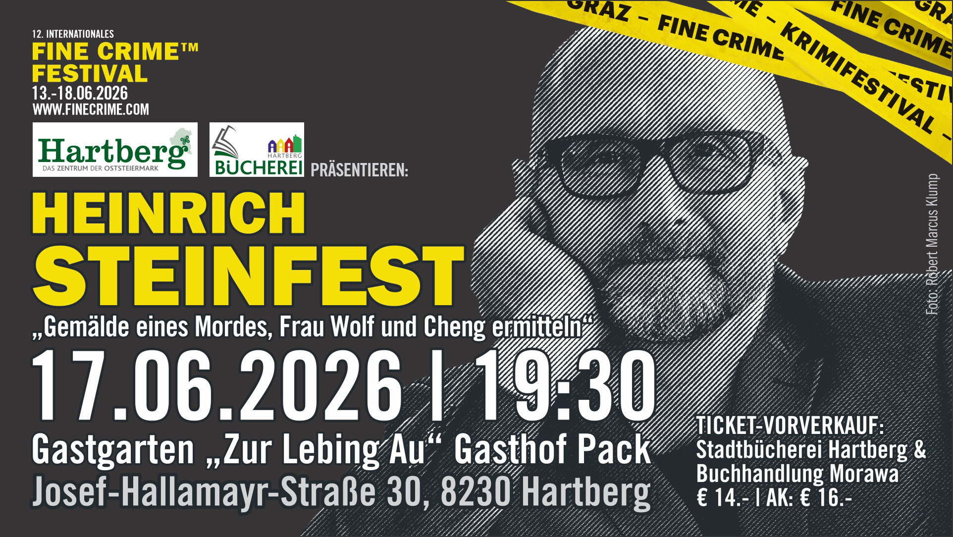 Heinrich Steinfest liest im Gastgarten "Zur Lebing Au" Gasthof Pack, in Hartberg - Fine Crime Festival 2026